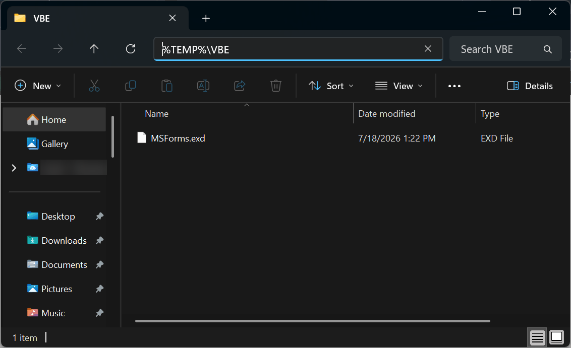 The existing MSForms.exd cache file in the VBE temporary folder