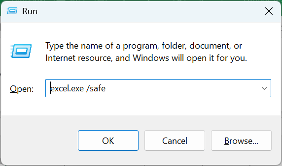 Run dialog with the Excel safe mode command