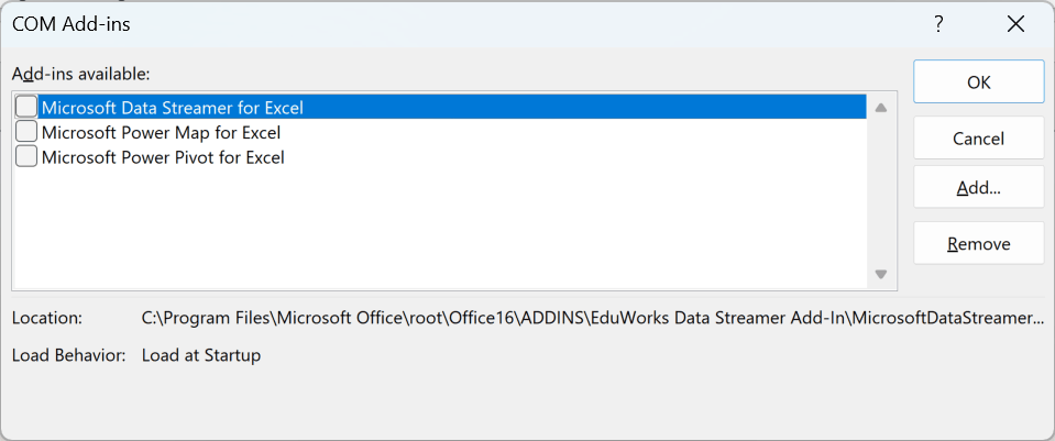 The COM Add-ins dialog showing the installed add-ins and their checkboxes