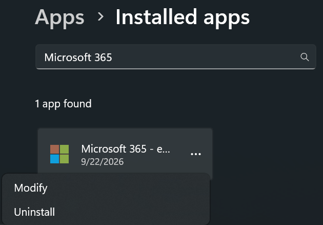 Microsoft 365 in Installed apps with the Modify option available