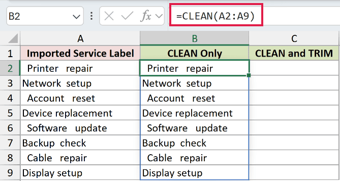 =CLEAN(A2:A9) in B2