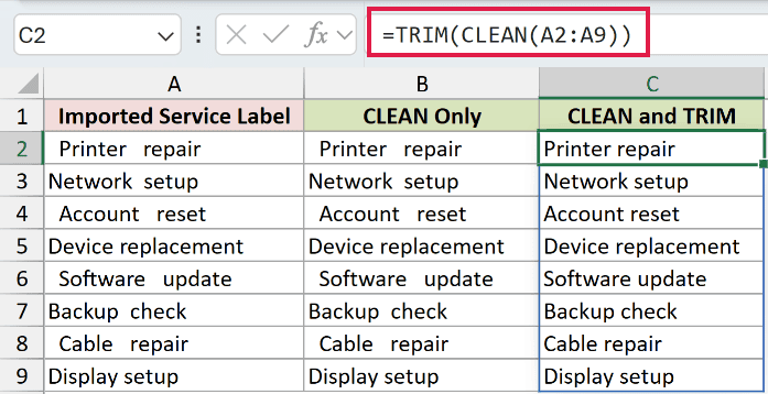 =TRIM(CLEAN(A2:A9)) in C2