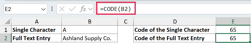=CODE(B2) in E2