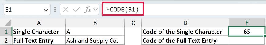 =CODE(B1) in E1