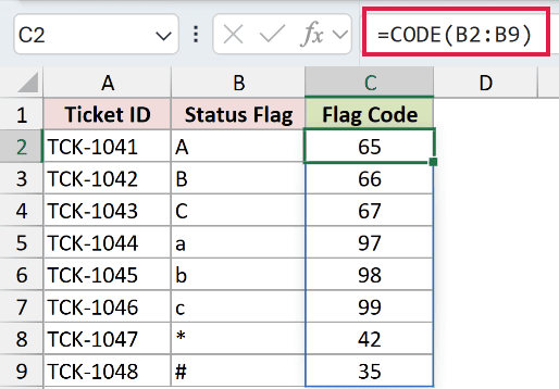=CODE(B2:B9) in C2