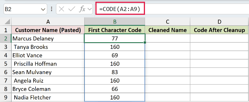 =CODE(A2:A9) in B2