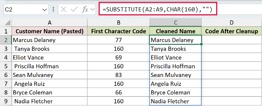 =SUBSTITUTE(A2:A9,CHAR(160),"") in C2