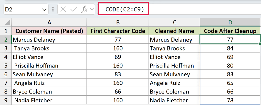 =CODE(C2:C9) in D2