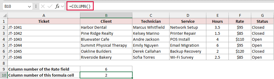 =COLUMN() in B10