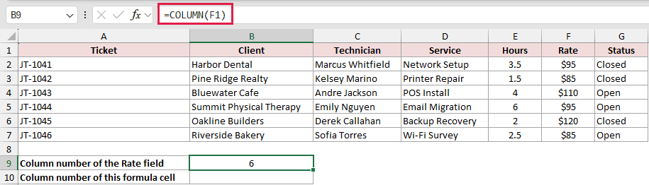 =COLUMN(F1) in B9