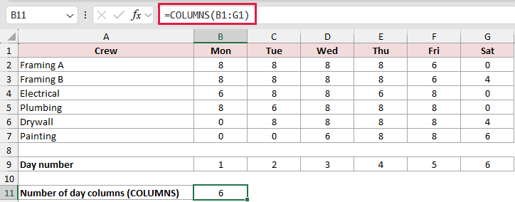 =COLUMNS(B1:G1) in B11