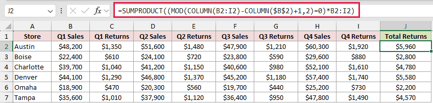 =SUMPRODUCT((MOD(COLUMN(B2:I2)-COLUMN($B$2)+1,2)=0)*B2:I2) in J2