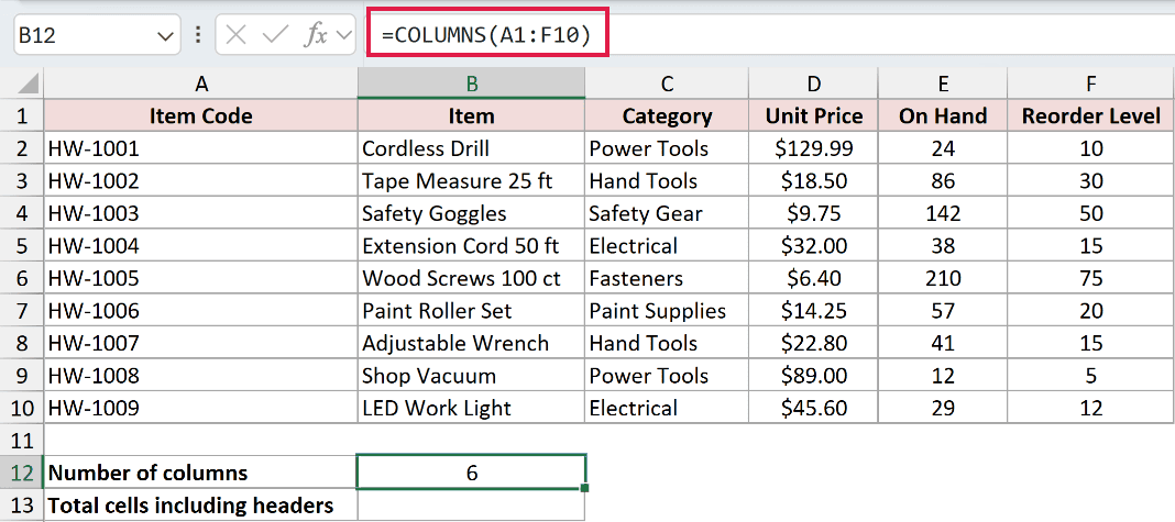 =COLUMNS(A1:F10) in B12
