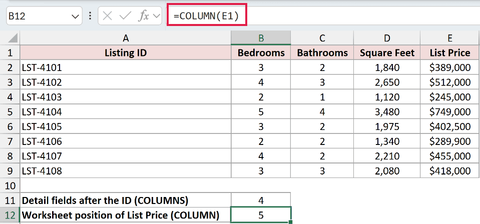=COLUMN(E1) in B12
