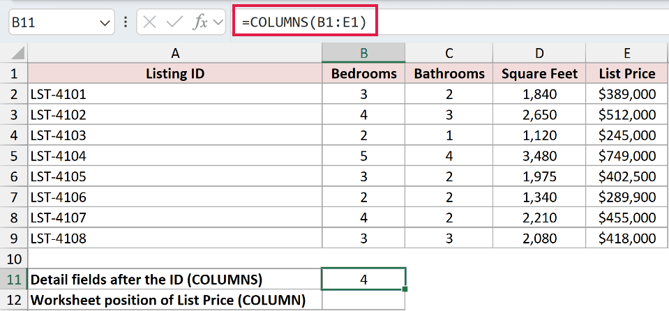 =COLUMNS(B1:E1) in B11
