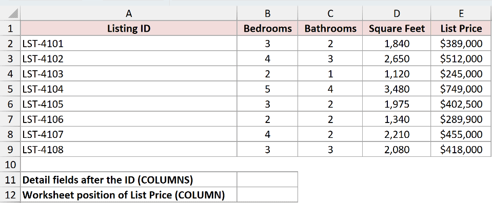 Dataset for COLUMNS example 2
