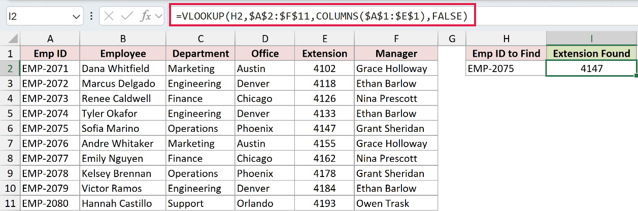 =VLOOKUP(H2,$A$2:$F$11,COLUMNS($A$1:$E$1),FALSE) in I2