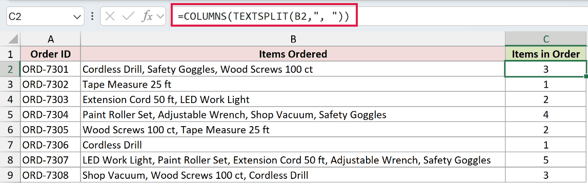 =COLUMNS(TEXTSPLIT(B2,", ")) in C2