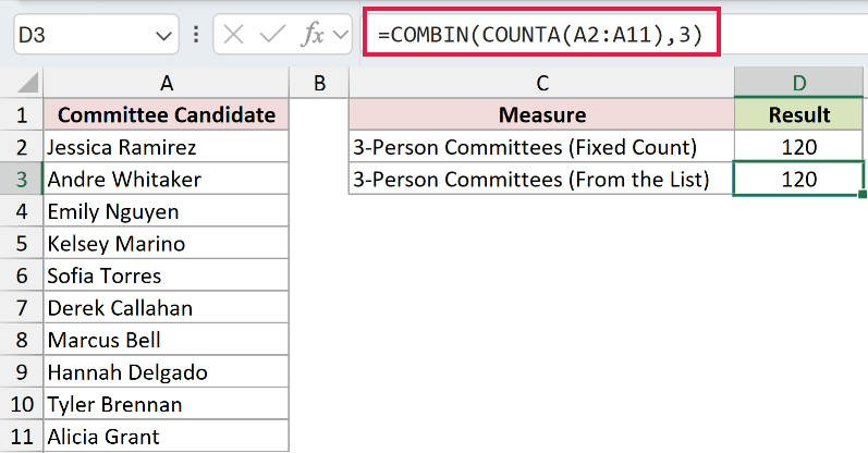 =COMBIN(COUNTA(A2:A11),3) in D3