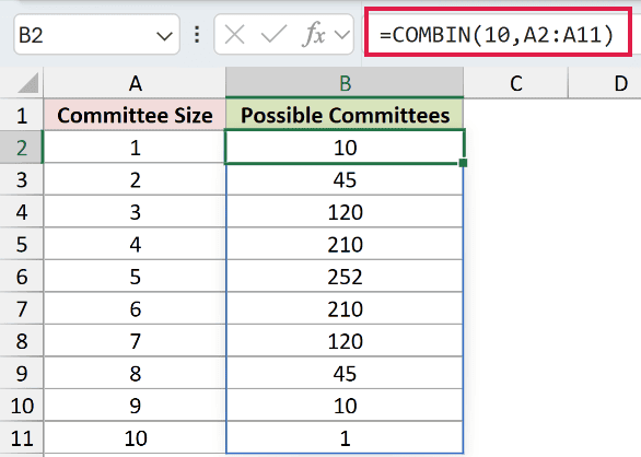 =COMBIN(10,A2:A11) in B2