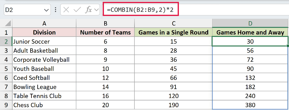 =COMBIN(B2:B9,2)*2 in D2
