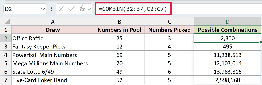 =COMBIN(B2:B7,C2:C7) in D2