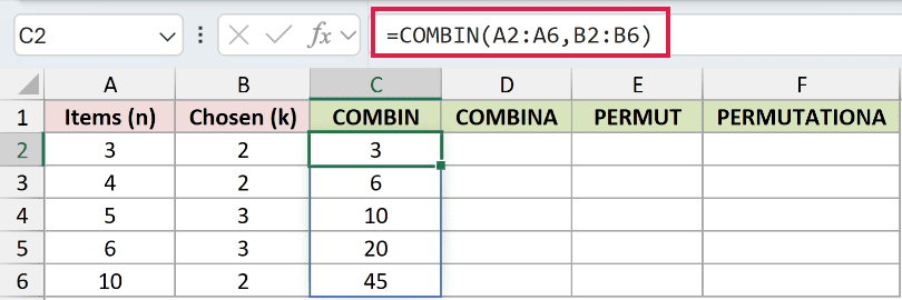 =COMBIN(A2:A6,B2:B6) in C2