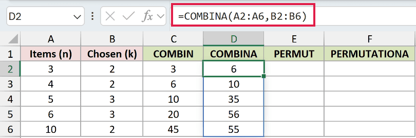 =COMBINA(A2:A6,B2:B6) in D2