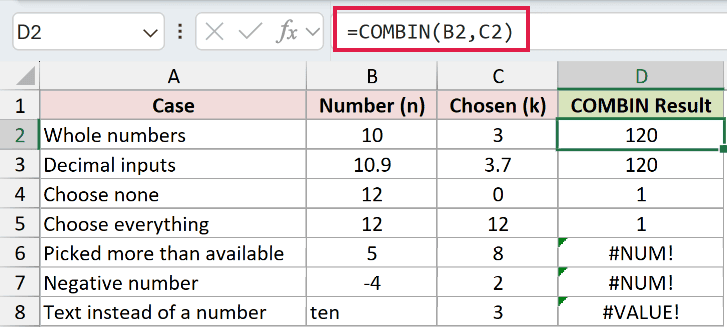 =COMBIN(B2,C2) in D2