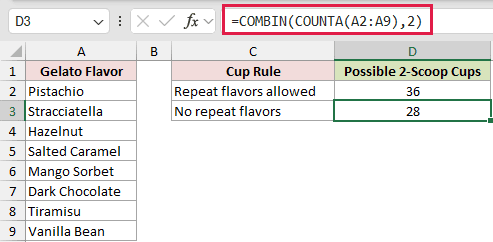 =COMBIN(COUNTA(A2:A9),2) in D3
