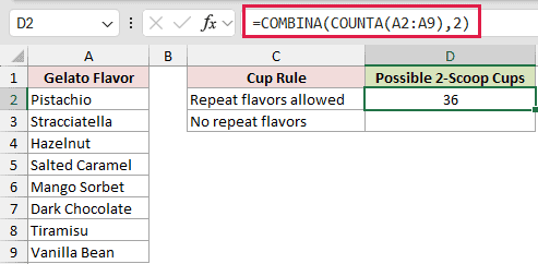 =COMBINA(COUNTA(A2:A9),2) in D2