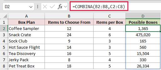 =COMBINA(B2:B8,C2:C8) in D2
