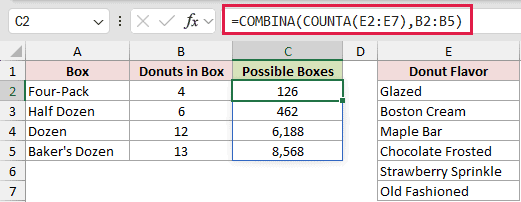 =COMBINA(COUNTA(E2:E7),B2:B5) in C2