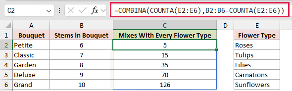 =COMBINA(COUNTA(E2:E6),B2:B6-COUNTA(E2:E6)) in C2