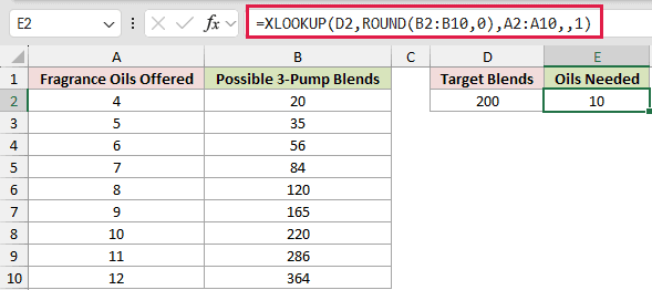 =XLOOKUP(D2,ROUND(B2:B10,0),A2:A10,,1) in E2
