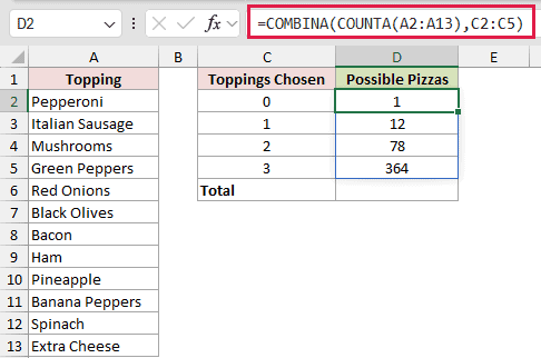 =COMBINA(COUNTA(A2:A13),C2:C5) in D2