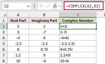 =COMPLEX(A2,B2) in C2