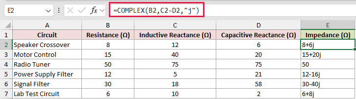 =COMPLEX(B2,C2-D2,"j") in E2