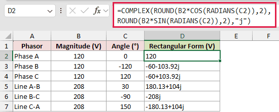 =COMPLEX(ROUND(B2*COS(RADIANS(C2)),2),ROUND(B2*SIN(RADIANS(C2)),2),"j") in D2