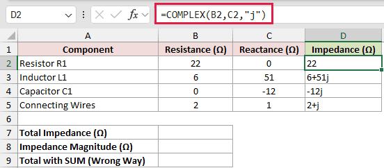 =COMPLEX(B2,C2,"j") in D2