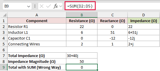 =SUM(D2:D5) in B9