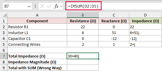 =IMSUM(D2:D5) in B7
