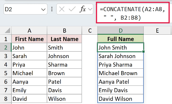 CONCATENATE Example 1: formula and calculated result in D2