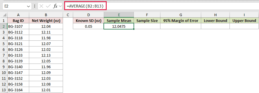 =AVERAGE(B2:B13) in E2