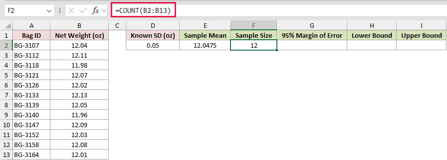 =COUNT(B2:B13) in F2