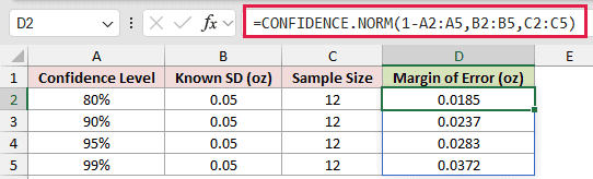 =CONFIDENCE.NORM(1-A2:A5,B2:B5,C2:C5) in D2