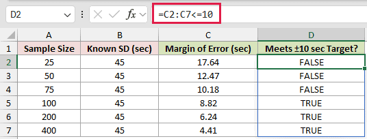 =C2:C7<=10 in D2