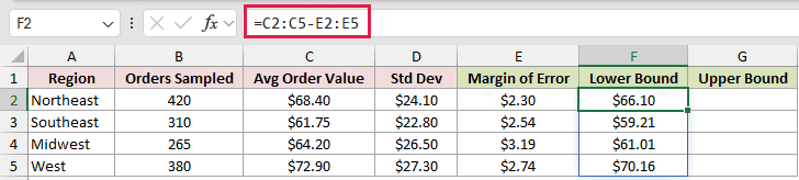 =C2:C5-E2:E5 in F2