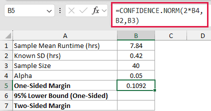 =CONFIDENCE.NORM(2*B4,B2,B3) in B5