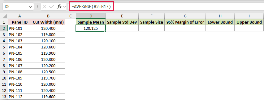 CONFIDENCE.T example 1: =AVERAGE(B2:B13)